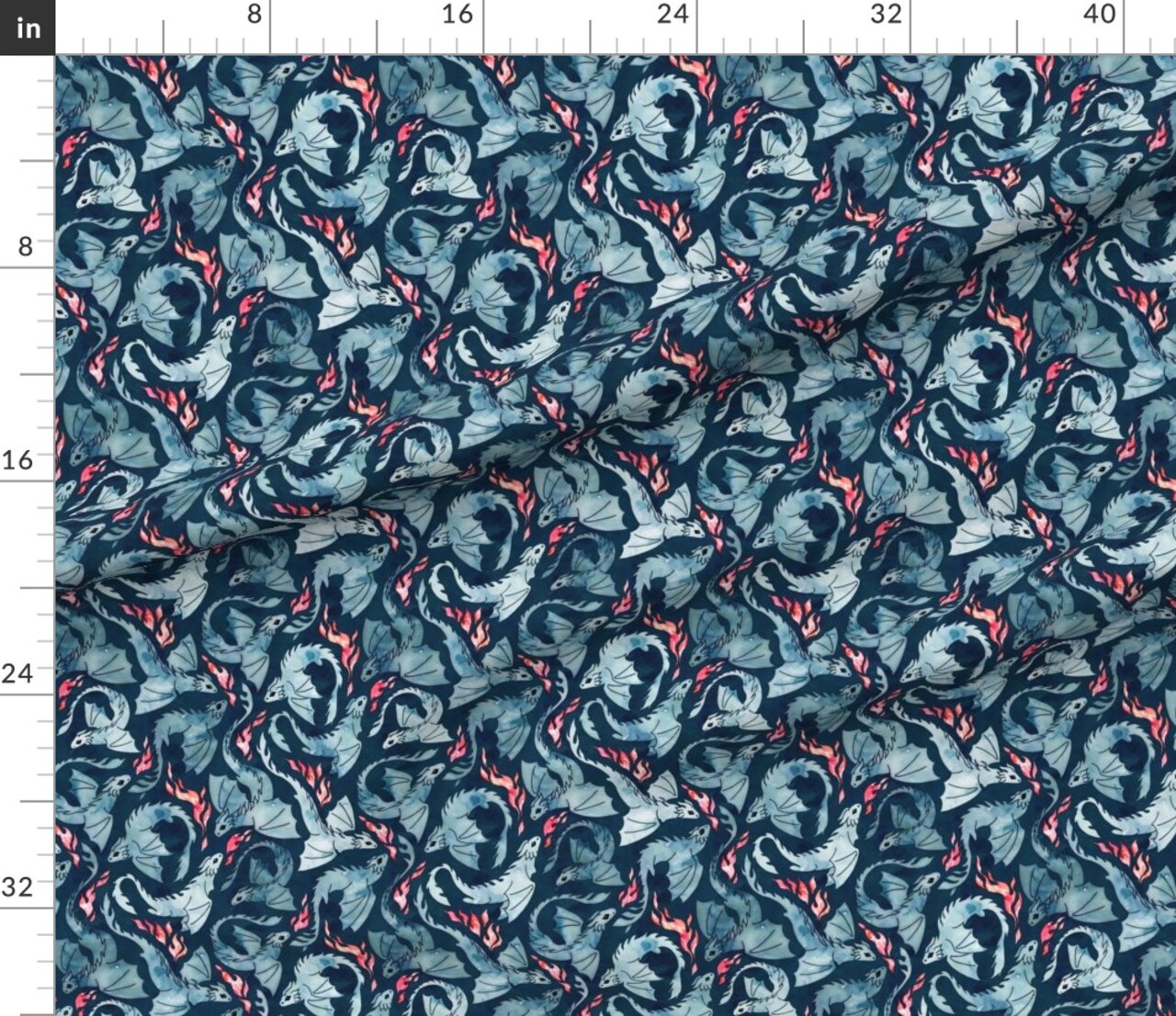 Dragon Fire Dark Blue Small Fantasy Watercolor Scarlet Flying Custom Printed Fabric by Spoonflower Various Fabrics by the Yard or Fat Quarter